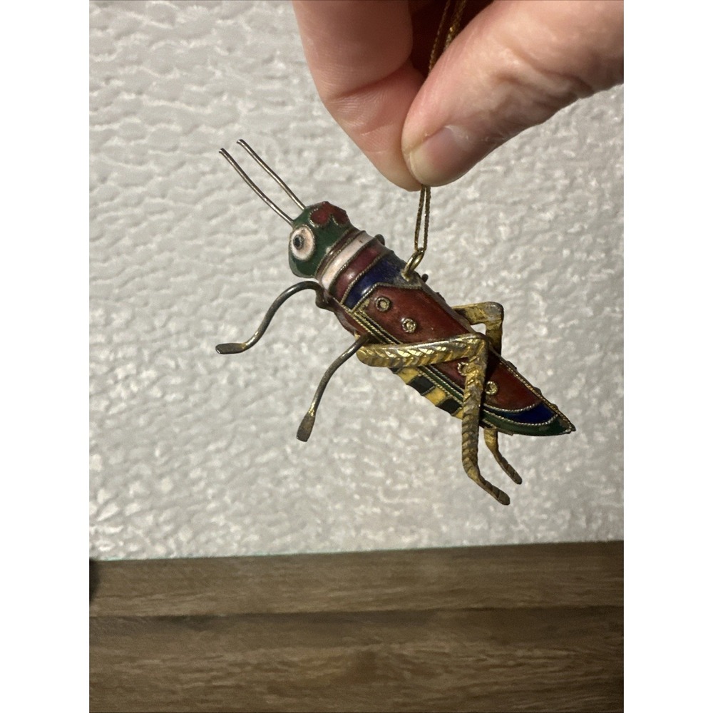 Vintage Hand Crafted Cloisonne Enamel Gold Gilt Grasshopper Christmas Ornament
